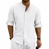 Camisa de Lino y Algodón para Hombre Tallas Grandes Europeas y Americanas Transpirable de Color Puro con Mangas Enrollables Ajuste Delgado Top Casual