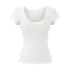 Top Elástico de Manga Corta con Cuello en U Ajustado a la Cintura Estilo Chica Picante Verano Estilo Manga Figura Favorecedora Rayón Hombro Normal Camiseta para Mujer Puro Deseo Ajustado