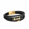 Popular Pulseira Masculina de Aço Inoxidável com Cordão de Couro Estilo Europeu e Americano, Design de Âncora para o Verão, Fecho Magnético que Pode Ser Aberto e Fechado