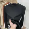 Camiseta Derong Estilo Coreano Color Sólido Cuello Medio Alto Manga Larga Otoño e Invierno 2026 Forrada de Polar Cálida Nueva Moda Versátil Top Tendencia