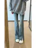 2024 nuevos jeans de microfibra de cintura alta divididos para primavera y otoño, pantalones ajustados de talla grande para chica rellenita, pantalones acampanados elásticos