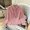 Blusa de chiffon branca de manga longa estilo coreano soltinha com gravata borboleta para outono, estilo elegante para mulheres
