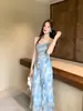 Precio Especial, Sin Devoluciones ni CambiosSE Etiqueta Blanca Correa Ajustable Dobladillo con Volantes Abertura Vestido de Vacaciones 88652