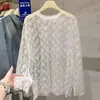 Camiseta de encaje transparente de manga larga Ningxin Yi, estilo coreano, holgada, cuello redondo, fina, protectora del sol, cubierta, camiseta básica para mujer