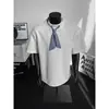 Camiseta masculina de verão com estampa xadrez azul estilo náutico, manga curta, ombro normal, designer de nicho, polo falsa de duas peças, algodão