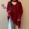 Suéter de Tricô com Gola V Solto e Fita Estilo Delicado Feminino 25 Anos Outono e Inverno Novo Tricô Estilo Preguiçoso Top Outer