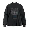Estampa graffiti de letras, camiseta de manga longa falsa de duas peças, masculina casual primavera/outono, estilo desgastado, streetwear, top de gola redonda