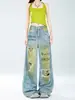 Jeans rotos de graffiti desgastados de moda para mujer, nuevo de otoño 2026 de cintura alta, holgados, rectos, de pierna ancha, largos