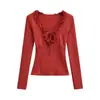 Camiseta de Manga Longa com Renda no Decote V e Amarração, Forrada com Fleece, Estilo Puro Desejo, Garota Quente, Nova Camisa Base Elegante Slim Fit para Outono/Inverno