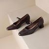¡Cabeza cuadrada pequeña Shannian! Zapatos de Piel para Mujer con Tacón Grueso Estilo Vintage Francés Mary Jane color vino tinto Zapatos de Tacón Medio