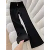 Calça Jeans Preta Flare Grossa Forrada com Lã para Mulheres 2026 Tendência Versátil Nova Outono e Inverno Cintura Alta Petite Calças Flare