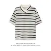 Camiseta Unisex de Manga Corta Rayada con Escote Irregular de Moda, Color Block Retro, Personalidad Juvenil, Versátil, para Pareja, Casual