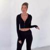 Otoño 2023 Nuevo Europeo y Americano Transfronterizo Amazon Transfronterizo Color Sólido Ajustado Corto Top con Capucha Traje de Pantalón Casual