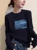 Camiseta de manga larga acanalada de algodón puro azul marino, nuevo estilo 2026, top elegante para mujer de principios de otoño, extremadamente atractivo
