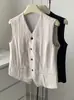 Chaleco de Traje con Cuello en V Pantalones de Pierna Ancha Traje de Dos Piezas Femenino Estilo Coreano Tencel Lino Traje de Oficina Verano Nuevo Estilo