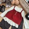 Conjunto de Tres Piezas para Niñas 2025 Otoño Nuevo Estilo Coreano Fresco y Lindo Conjunto de Dos Piezas con Chaleco de Encaje de Lunares 31188