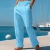 Pantalones Casuales de Playa de Algodón y Lino Transpirables Cómodos Sueltos para Hombre Americano de Primavera y Otoño con Cordón y Hebilla Vertical de Color Sólido