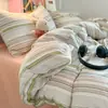Juego Sencillo de Cuatro Piezas Algodón Lavado a Rayas y Cuadros Funda Nórdica Sábana Bajera Clase a para Dormir Desnudo Dormitorio Estudiantil Apartamento Juego de Tres Piezas