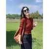 Suéter de Punto de Manga Larga con Cuello Polo Rojo Retro para Mujer, Diseño Nicho con Sentido del Estilo para Principios de Primavera, Adelgazante, Camiseta Interior Básica