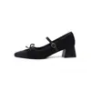 Sapatos Mary Jane Chunky Vintage Estilo Francês Chuyuji para Mulheres com Laço, Salto Alto, Tira no Tornozelo, Bico Fino