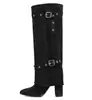 Botas de Cano Alto Retrô Europeias e Americanas Femininas Salto Bloco Bico Fino Fivela de Cinto Decoração Botas Longas Camurça Couro Patente Botas de Cavaleiro Outono e Inverno Novo Estilo