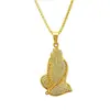 Collar con colgante de mano de oración exagerado con incrustaciones de diamantes de rapero de hip-hop, accesorios de personalidad hipster callejera europea y americana
