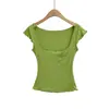 Camiseta de Manga Corta con Volantes y Cuello Cuadrado Pure Desire para Mujer Verano 2026 Nuevo Estilo Elegante Sexy Ceñido a la Cintura