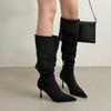 Outono e Inverno 2025 Novas Botas Stiletto Dobráveis de Camurça de Bico Fino Estilo Coreano de Duas Formas para Mulheres Botas Versáteis com Zíper Lateral