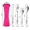Set de cubiertos de acero inoxidable de tres piezas para Amazon, que incluye cuchillo para bistec, tenedor y cuchara, en una bolsa de tela creativa, adecuado para estudiantes y uso al aire libre