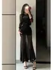2026 Venta al por mayor transfronteriza Vestido negro de malla de manga larga estilo socialité francesa, Elegante vestido de noche para mujer madura