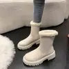 Botas de montaria femininas de cano médio para mulheres baixinhas, novo estilo outono e inverno 2026, com forro de fleece e algodão espesso, botas de neve estilosas e versáteis