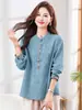 Camisa de manga larga estilo étnico para mujeres de mediana edad y mayores, nueva colección primavera/otoño 2026, top de algodón puro holgado y moderno para figuras petite