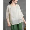 Camisa de linho bordada de manga três quartos para mulheres, uso diário de verão, Hanfu modificado, vestido de chá vintage abotoado, blusa elegante