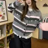 Novo cardigã suéter bordado floral outono e inverno, estilo casual, blusa de tricô listrada color block com gola redonda