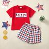Conjunto de Roupas Infantis Verão 2025 Manga Curta Listrado Europeu e Americano Camiseta Bordada Conjunto de Duas Peças Dia da Independência Americana 2026