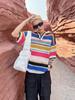 Americano Retrô Listrado Colorido Recortado Tricô Verão Novo Marca da Moda Lapela Solto Casual Camisa Top Moderno