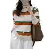Cardigan de tricô casual moderno com blocos de cores listrados para mulheres, nova versão coreana 2026, solto, macio e suave, casaco suéter