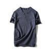 Camiseta fina de algodão e linho para verão, masculina, manga curta, decote em V com botão, cor sólida, base de algodão e linho para homens jovens