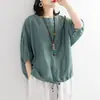 Nueva Camiseta Casual Suelta Talla Grande 2022 para Mujer, Manga Murciélago, Dobladillo con Cordón, Cuello Redondo, Manga Media, Top Pullover para Verano