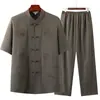 Traje Tang Estilo Chinês para Homens, Camisa Casual de Seda Gelada de Manga Curta para Avô, Conjunto de Traje Tang para Homens de Meia-Idade e Idosos