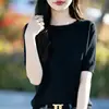 Camiseta de Malha Manga Curta 100% Algodão Puro para Mulheres, Novo Design de Verão, Gola Redonda, Solta, Cor Sólida, Camiseta Básica Simples