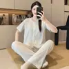 6535 Pijama de Algodón para Mujer Primavera y Verano Estilo Nuevo Dulce y Fresco Floral Manga Corta Pantalón Largo Corte Holgado Conjunto de Ropa para el Hogar de Chica