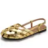 Sandalias tejidas artísticas caladas transpirables nuevas planas antideslizantes de punta redonda con talón cerrado estilo romano para mujer 9061-1