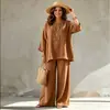 2026 Europeu e Americano Transfronteiriço Amazon Novo Estilo Feminino Simples Mistura Gola Redonda Camisa Calças de Perna Larga Soltas Conjunto