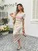 Vestido longo listrado de manga curta para mulheres, vestido de verão soltinho estilo férias, vestido casual de praia transfronteiriço europeu e americano