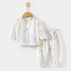 Conjunto de Gaze para Bebê, Roupas de Casa para Bebê, Tops e Calças de Fibra de Bambu de Manga Longa, Roupas de Verão com Ar Condicionado para Crianças Meninas