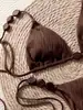 Nuevo traje de baño sexy, bikini de canalé marrón con cuentas y tiras de amarre, copa de triángulo, traje de baño de dos piezas para vacaciones en la playa de chica hot