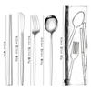 Venta caliente transfronteriza 304 acero inoxidable cuchillo, tenedor, cuchara, palillos traje de vajilla bolsa de PVC conveniente juego de cuatro piezas de vajilla portuguesa