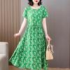 Vestido de seda de algodón para mujeres de mediana edad y mayores de 40 a 50 años, falda de algodón artificial holgada de manga corta de verano para madres de 40 a 50 años.