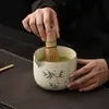 Set de Cuenco de Matcha Rayado Tridimensional Pintado a Mano y Batidor, Cuenco de Té Grande y Soporte para Batidor para la Ceremonia del Té de la Dinastía Song